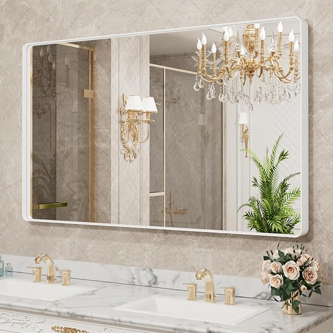 LOAAO 60x28 Inch White Metal Framed Bathroom Mirror for Wall, White Bathroom Vanity Mirror Farmhouse, Large Rounded Rectangle Mirror, Anti-Rust, Tempered Glass, Hangs Horizontally or Vertically
