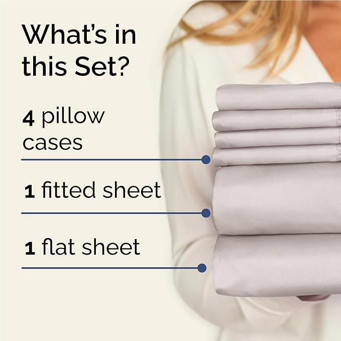 Full 6 Piece Sheet Set - Comfy Breathable & Cooling - Ultra-Soft Hotel Luxury Bedding Set with 8-16 Inch Deep Pockets - 1 Flat & 1 Fitted Sheet & 4 Pillowcases - Wrinkle Free & Easy Care - Light Grey