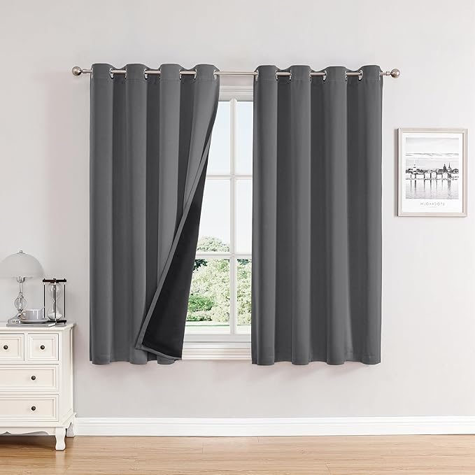 ChrisDowa 100% Blackout Curtains for Bedroom with Black Liner, 2 Thick Layers Total Blackout Thermal Insulated Grommet Window Curtains 2 Panels Set (Grey, 52 x 54 Inch)