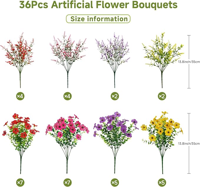 SHareconn 36 Bundles Artificial Flowers for Outdoors Decoration, Faux Plants Fake Silk Colorful Daisy Eucalyptus Lavender, UV Resistant for Outside Home Porch Patio Spring Decor, RedRosyPurpleYellow