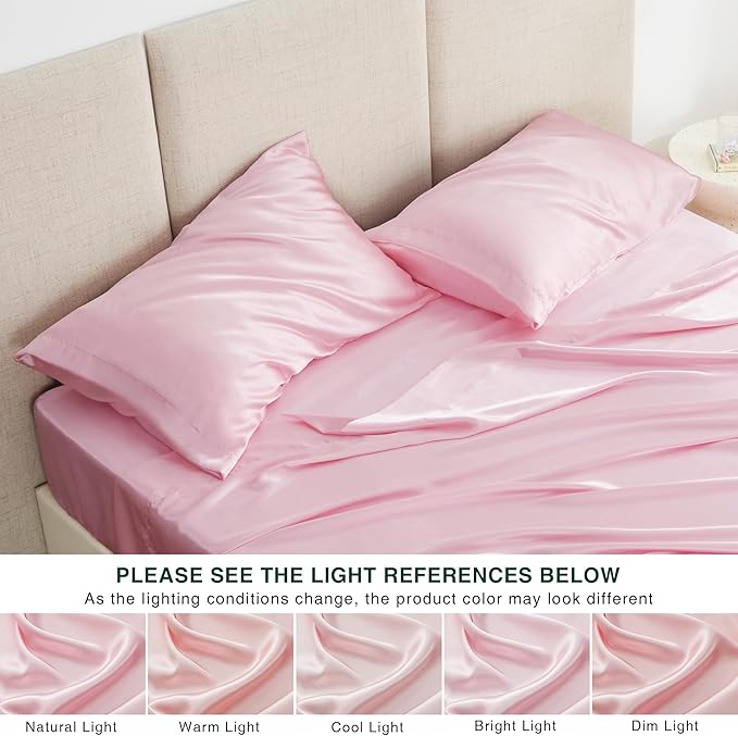 Love's cabin Satin Queen Sheets Set - 4 Piece Pink Silky Bed Sheets Set with Deep Pocket, Luxury Silk Feel Satin Queen Size Sheet Set (1 Flat Sheet,1 Fitted Sheet,2 Pillow Cases)