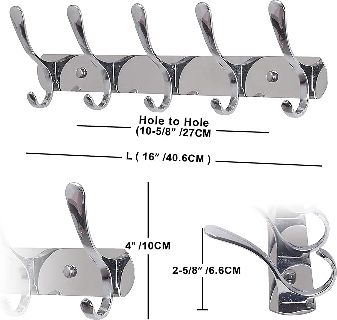 SKOLOO Modern Metal Wall Coat Rack with 5 Hooks, Sturdy Wall Hook Rack for Hanging Jacket, Clothes, Hat, Silver