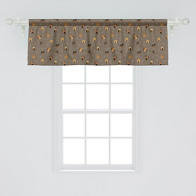 Ambesonne Dog Lover Window Valance Pack of 2, Repetitive Pattern of Pet Heads Paw Prints and Bones, Rod Pocket Curtain Valances for Kitchen Bedroom, 54" X 18", Taupe