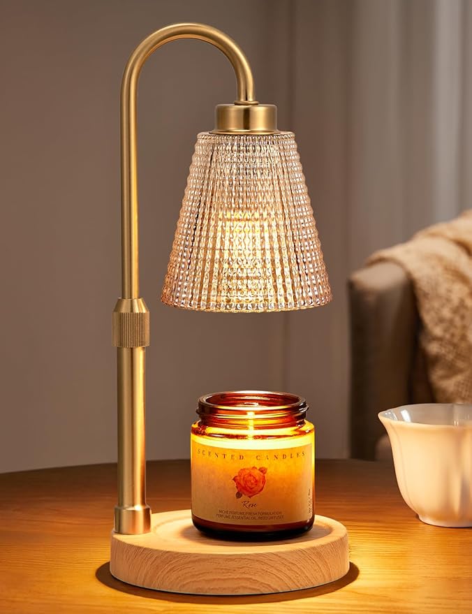Innqoo Wood Color& Amber Candle Warmer Lamp with Timer, Dimmable Candle Warmer for Jar Candles, Height Adjustable Wax Melts Warmer, Birthday Gifts for Women Mom, House Warming Gifts New Home Decor