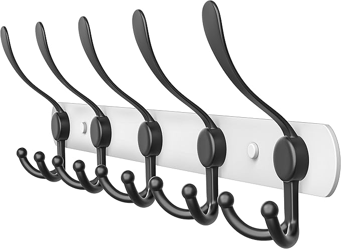 Coat Rack Wall Mount with 5 Tri Hooks, Stainless Steel 16 Inch – White & Black Matte Finish, Heavy Duty Wall Mounted Hook Rack for Coats, Hats, Towels, Scarves, Robes, Bags, Entryway & Bathroom