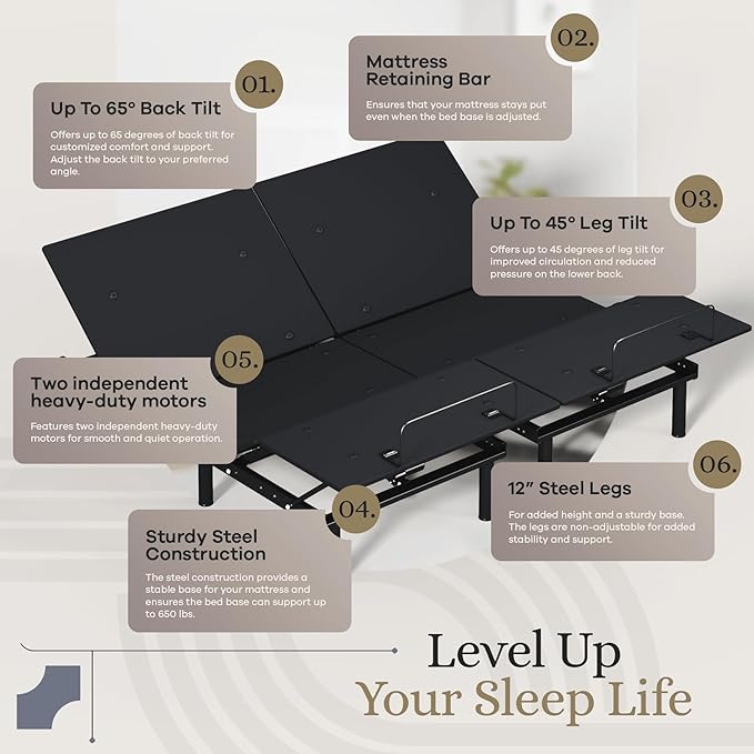 Sven and Son Essential Adjustable Bed Base (Frame Only), Easy Assembly, Head and Foot Lift, Memory Positions, Zero Gravity, Wireless Remote - King