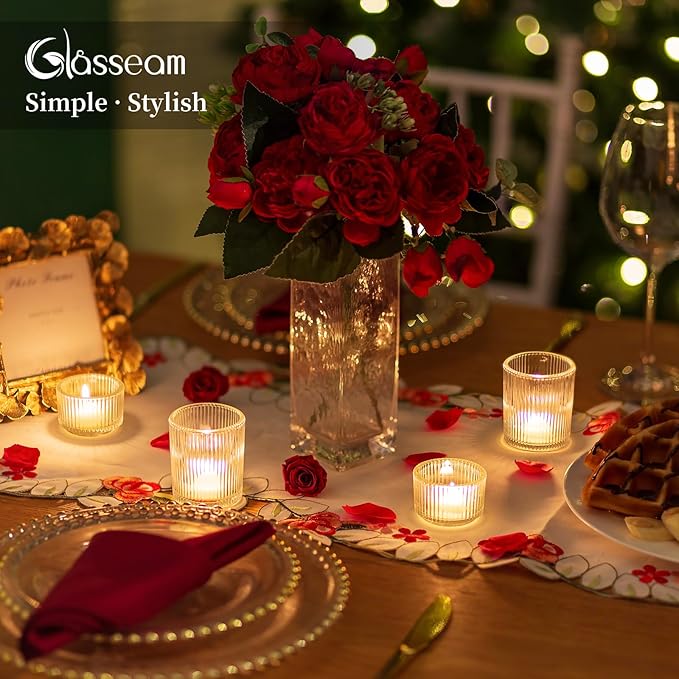 Glasseam Glass Tealight Candle Holder: Set of 8 Ribbed Clear Votive Candle Holders for Table Centerpiece, Decorative Small Vintage Tea Lights Candle Holder for Wedding Christmas Dining Room Decoration