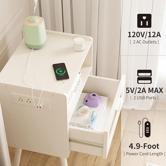 Mid Century Modern Nightstand with Charging Station, Bedside Tables with Glass Drawer, End Table Side Table with 2 Tiers Storage Space, for Bedroom, Living Room, White