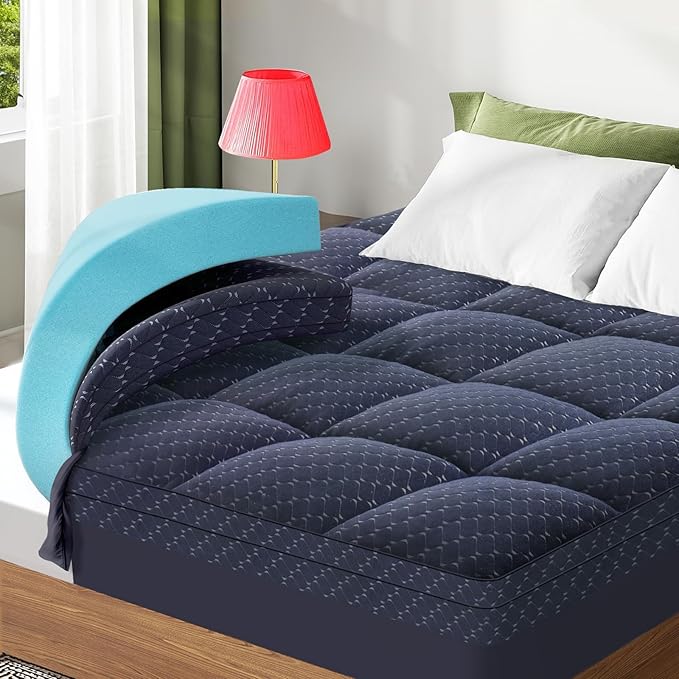 Dual Layer 3 Inch Memory Foam Mattress Topper Twin XL Size, 2 Inch Gel Memory Foam Plus 1 Inch Cooling Pillow Top Mattress Pad Cover, with 8-21 Inch Deep Pocket, Navy Blue