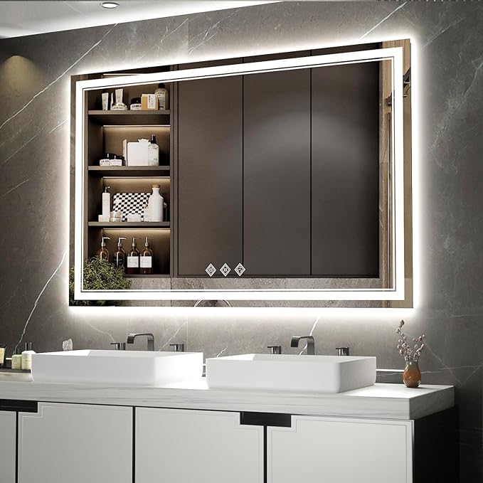 Bathroom Mirror with Lights, 60x40 Inch Gradient Front and Backlit Mirror, 3 Colors Dimmable CRI>90 Double Lights, IP54 Enhanced Anti-Fog, Hanging Plates Wall Mount Lighted Bathroom Mirror
