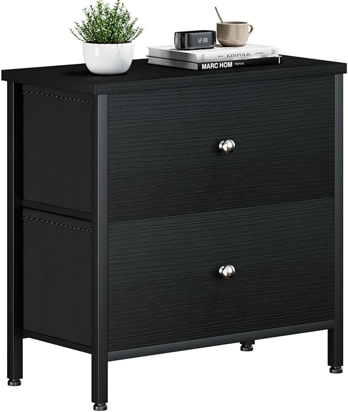 BOLUO Black Nightstand 2 Drawer Dresser for Bedroom,Small Night Stand End Table with Fabric Drawers Modern