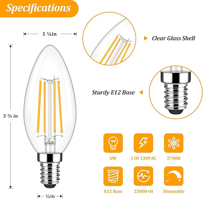 Brightever Dimmable Candelabra E12 LED Light Bulbs 60W Equivalent, 5-Pack B11 6W Chandelier Light Bulbs, 620Lm 2700K Warm White Candle Lightbulbs for Wall Sconce, Clear Glass