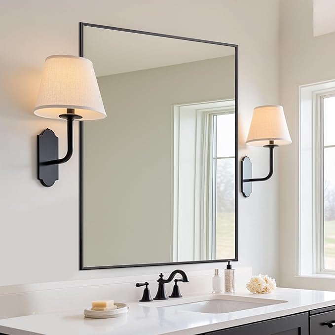 Antok Bathroom Mirror,40"x32" Wall Mirror, Decorative Mirrors Vanity Mirror Aluminum Alloy Frame Contemporary Hanging Mirror for Living Room Bathroom Entryway,Black,Rect Corner