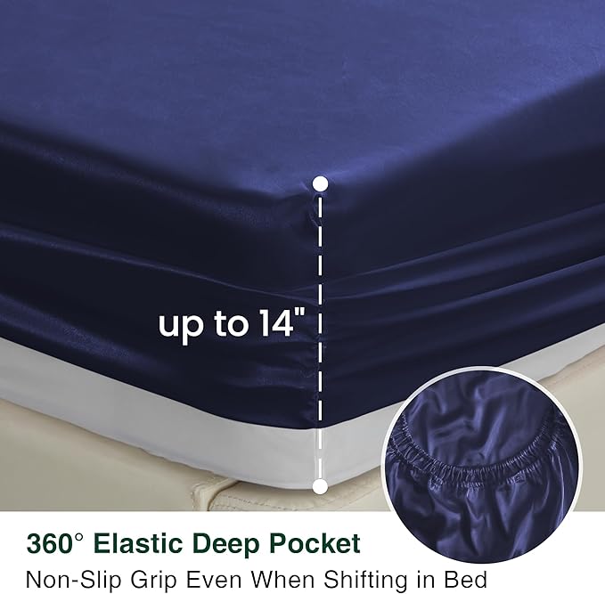 Love's cabin Twin Satin Sheet Sets - 3 Piece Navy Blue Silky Bed Sheets Twin with Deep Pockets, Luxury Silk Feel Satin Sheet Set Bedding Set (1 Flat Sheet,1 Fitted Sheet,1 Pillow case)