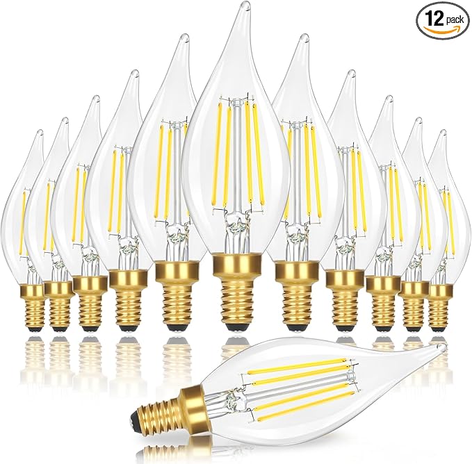 E12 Candelabra LED Light Bulbs, Dimmable 40 Watt Equivalent 5000K Bright Daylight White Candle Bulbs, 4W 460 LM Decorative CA10 Filament Chandelier Lamp Base for Bedroom Living Room Office, 12-Pack