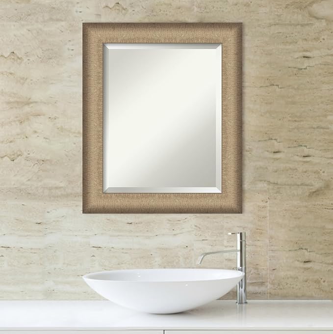 Amanti Art Bronze Bathroom Mirror for Over Sink, 25x21 Elegant Brushed Bronze Rectangle Vanity Mirror, Small Casual Frame, Hangs Horizonally and Vertically, Bathroom Wall Decor, Beveled Edge