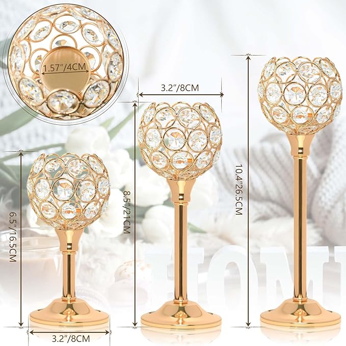 Elegant Crystal Candle Set of 6- Gold Tealight Holders, Votive Candelabras & Bowl Centerpiece Bulk for Dining Table, Wedding Decor