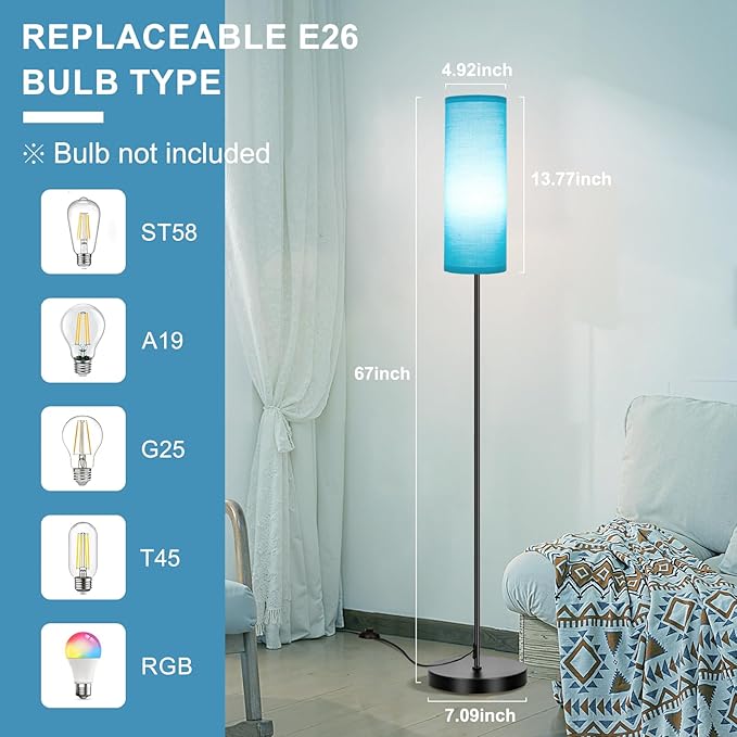 FRIDEKO HOME Floor Lamp with Turquoise Shade, Simple Design with Foot Pedal Switch, Small Tall Lamps for Living Room Bedroom, Corner Floor Stand Light with Black Pole Lamp (No Remote/No Bulb)