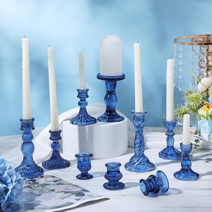 Mumufy 10 Pcs Glass Crystal Taper Candle Holders Clear Glass Candlestick Holder Fit 0.8 Inch Candles Crystal Decorative Candle Stand Centerpiece Table Wedding Dining Party (Classic,Blue)