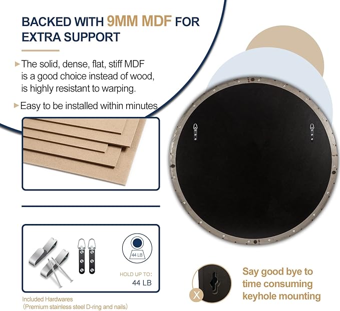ANDY STAR Round Bathroom Mirror, 24’’ Brushed Silver Round Bathroom Mirrors in Stainless Steel Metal Frame 1" Deep Set Design