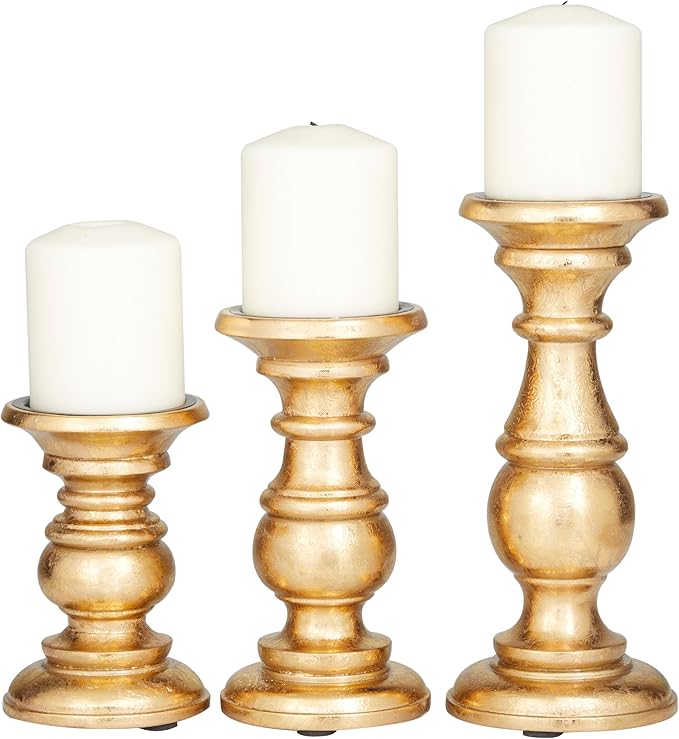 Deco 79 Mango Wood Decorative Candle Holder Turned Style Pillar Candle Stand, Set of 3 Candlestick Holder 10", 8", 6"H, Gold