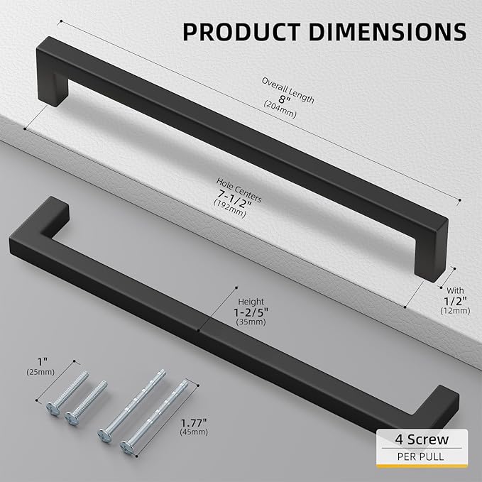 goldenwarm 60 Pack 7-1/2 Inch Black Cabinet Handles Matte Black Drawer Pulls Stainless Steel Cabinets Hardware Square Bar Modern for Kitchen Bathroom Cupboard