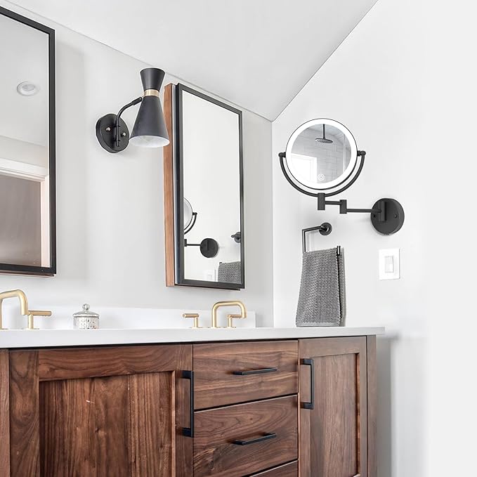 8" Wall Mounted Lighted Makeup Vanity Mirror with 3 Color Lights Stepless Dimming, 1X/10X Magnifying LED 2-Sided Bathroom Touch Sensor Extendable Arm 360 Swivel Shaving Mirror Hardwired, Matte Black