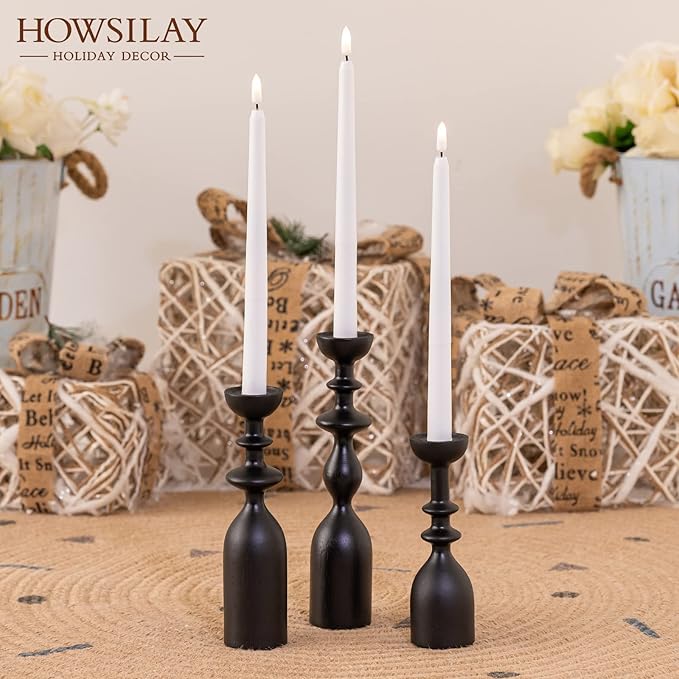 HOWSILAY Wood Candle Holders for Table Centerpiece Black Candlestick Holders - Rustic Candle Stick Candle Holder fits 3/4" or 7/8" Taper Candle and Dia 1.5" Led Tea Lights Candles or Pillar Candles