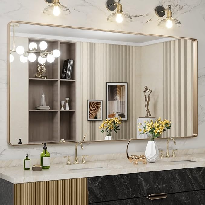 LOAAO 72”X36” Gold Bathroom Mirror, Rounded Rectangle Gold Frame Mirror, Brushed Gold Bathroom Vanity Mirror Wall-Mounted, Anti-Rust, Tempered Glass, Hangs Horizontally or Vertically