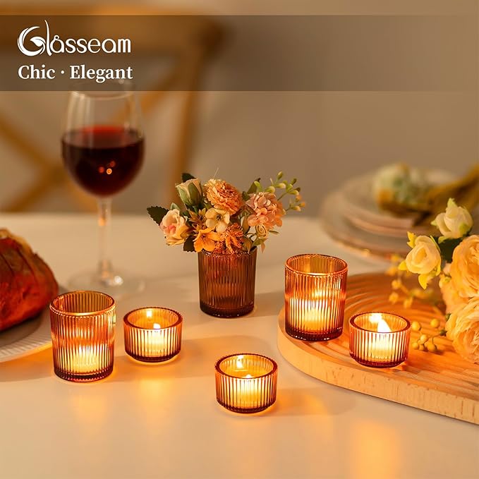 Glasseam Amber Tealight Candle Holders: 24pcs Ribbed Small Votive Holders Bulk for Thanksgiving Table Centerpiece Fall Wedding Christmas Decor
