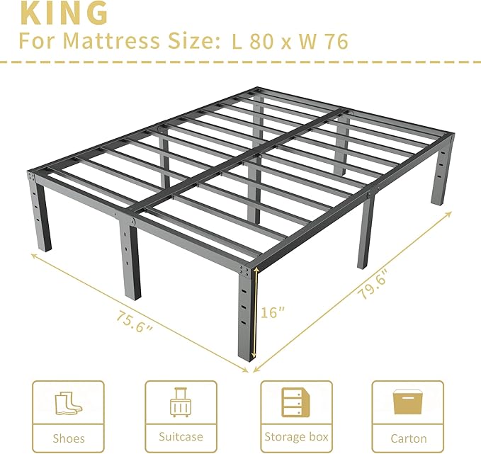 ALDRICH Metal King Size Bed Frame - 16 Inch Tall Black Basic Steel Slats Platform, Easy Assembly Heavy Duty Noise Free Bedframes, No Box Spring Needed
