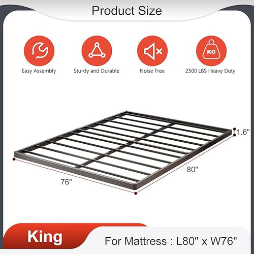 1.6 Inch King Box Spring Low Profile Heavy Duty Metal King Size Box Spring Bed Base Bunkie Board, Sturdy Mattress Foundation, Easy Assembly, Noise Free, Black