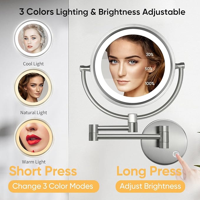 GURUN 8.5 Inch Magnifying Makeup Mirror with 3 Tones Dimmable LED Lights Double Sided Touch Control Vanity Mirror for Bathroom with 10X Magnification M1809DN (Brushed Nickel/10X)