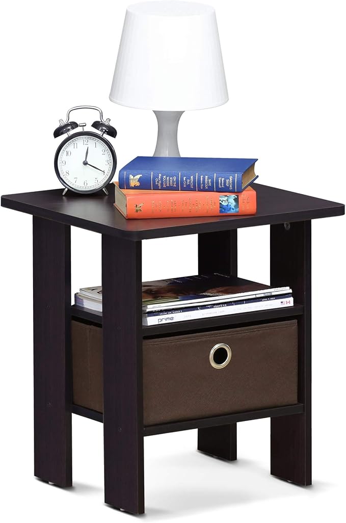 Furinno ANDREY Side Table, End Table, Night Stand with Open Shelves and Storage Bin, Bedside Table, for Living Room, Bedroom, Dark Walnut
