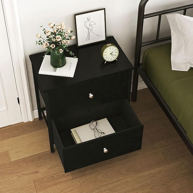 BOLUO Black Nightstand 2 Drawer Dresser for Bedroom,Small Night Stand End Table with Fabric Drawers Modern