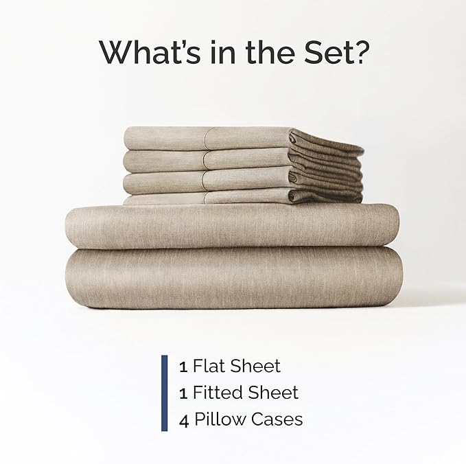 Cal King 6 Piece Sheet Set - Comfy Breathable & Cooling - Soft Hotel Luxury Bedding Set w/ 8-16 Inch Deep Pockets - 1 Flat & 1 Fitted Sheet & 4 Pillowcases - Wrinkle Free & Easy Care - Heathered Beige