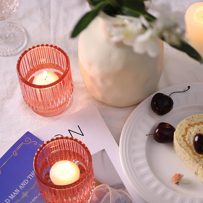 8 Pcs Large Lavender Votive Candle Holders, Tealight Ribbed Candle Holders Glass, Brildal Shower Table Decor,Wedding Centerpieces Table Decorations