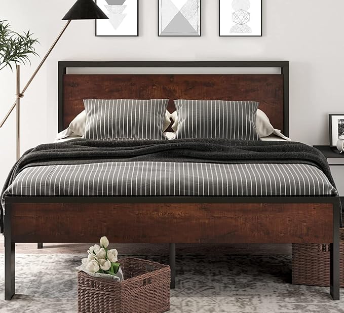 SHA CERLIN 14 Inch Full Size Metal Platform Bed Frame with Wooden Headboard and Footboard, Mattress Foundation, No Box Spring Needed, Large Under Bed Storage, Non-Slip Without Noise, Mahogany