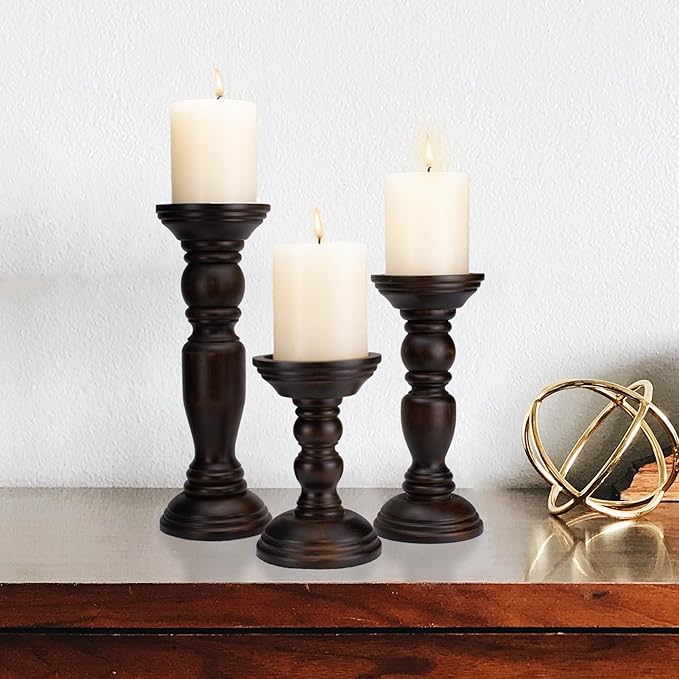 Rustic Wooden Pillar Candle Holders Set of 3, 12'' 9'' 6'' Farmhouse Wood Candle Stand for Table Centerpieces, Vintage Tall Candleholders Fireplace Mantel Decor for Living Room, Dark Brown