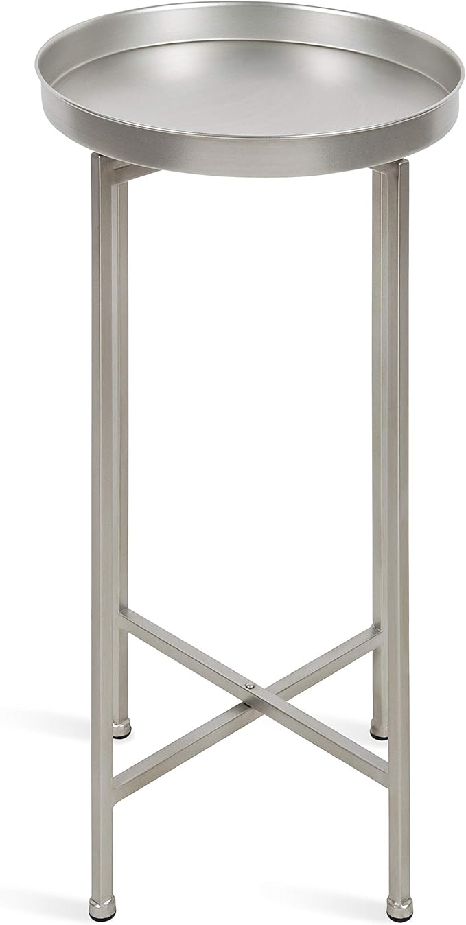 Kate and Laurel Celia Round Metal Foldable Accent Table with Tray Top, 14" x 14" x 25.75", Silver
