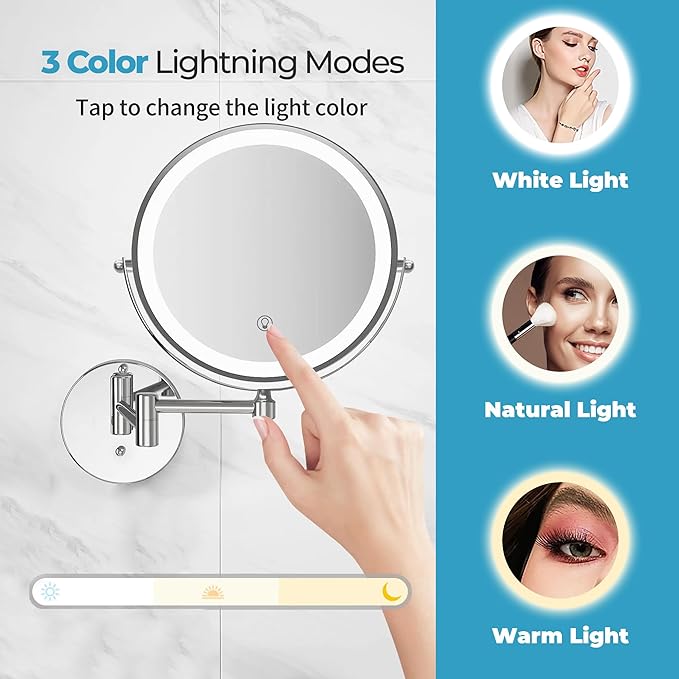 8" Rechargeable Lighted Makeup Mirror, 1X/10X Magnification with 3 Color Touch Dimmable Lights, 360° Rotating Double-Sided Wall Mount Mirror (Chrome) – Fab Glass and Mirror