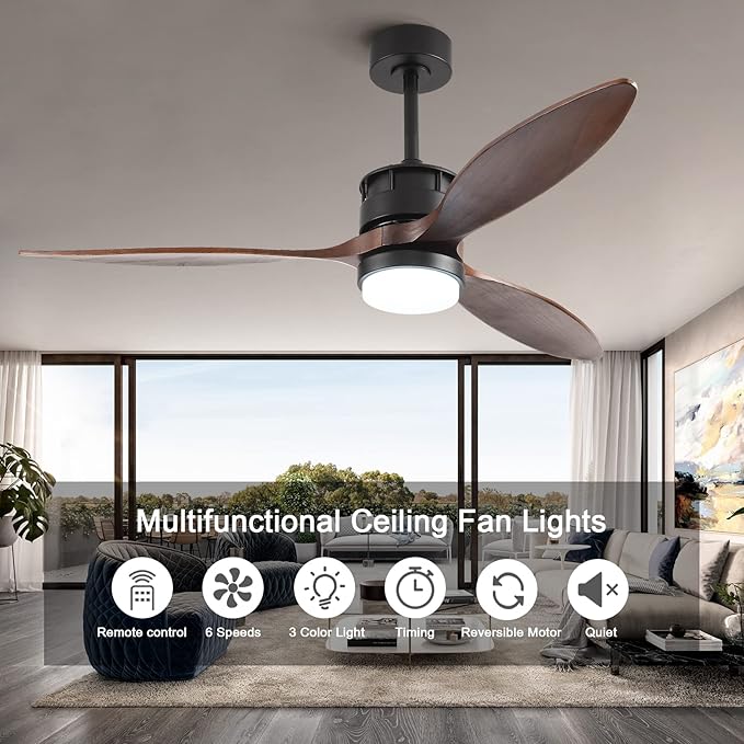 BOJUE Ceiling Fans with Lights, 60 Inch Black Ceiling Fan with Remote Control, 3 Wood Fan Walnut Blades, Modern Fan Lights for Farmhouse Living Room/Bedroom/Study