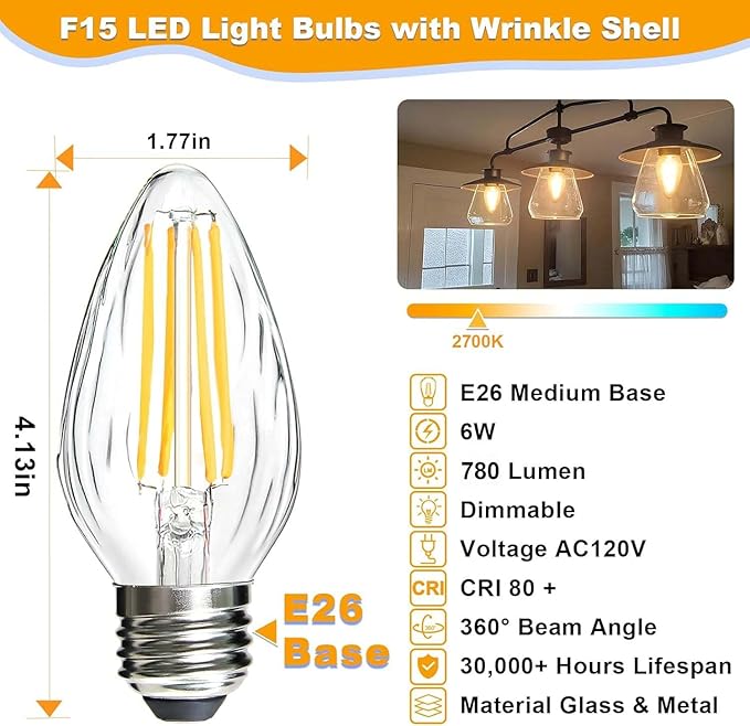BRIMAX F15 6W Led Porch Light Bulbs Outdoor, Equivalent 60W Incandescent Bulb, E26 Medium Base Dimmable 2700K Soft Warm White Flame Wrinkle Glass,Post Light Bulb for Ceiling Fan and Lantern Lamp,4Pack