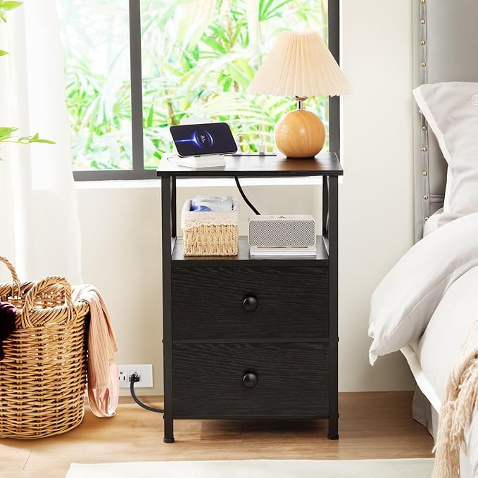 AMHANCIBLE Night Stand Set 2, Black Nightstand with Charging Station, End Tables Living Room with USB Ports and Outlets, Bedside Table with Fabric Drawers for Bedroom, HET05XBK