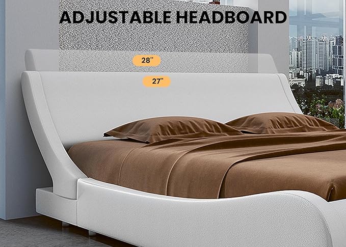 SHA CERLIN Modern Low Profile Platform Bed Frame Queen Size, Stylish Faux Leather Upholstered Sleigh Bed with Adjustable Headboard, No Box Spring Needed, White