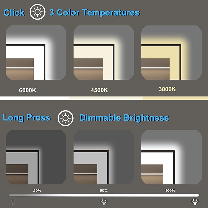 20 x 28 Inch LED Bathroom Mirror with Lights, Front & Back Lit Mirrors for Bathroom Wall Mount, Aluminum Black Frame Decor, Anti-Fog, Dimmable 3 Colors, Shatter-Proof Tempered Glass, Motion Sensor