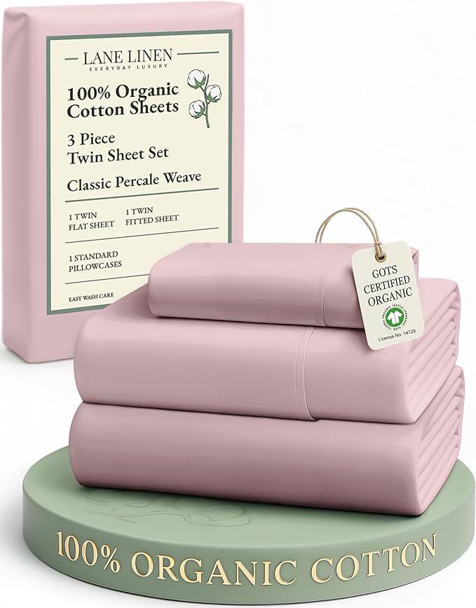 LANE LINEN Eco Friendly 100% Organic Cotton Twin Sheet Set, Hotel Quality Premium Bedding Sheets & Pillowcases Set Twin Size, Soft & Comfy Percale Sheets, Machine Wash Bed Sheets- Sepia Rose