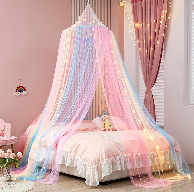 Rainbow Bed Canopy with Lights - Mosquito Netting for Twin, Single, Full, Queen & King Size Beds - Decor for Girls' Rooms