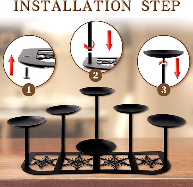 Fireplace Candelabra Candle Holder Matte Black Metal Candleholder with 6 Candle Stands Mantle Decor for Flameless or Wax Pillar Candle Floor Table Centrepiece Christmas Wedding Party Decoration