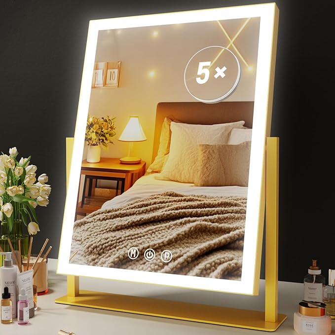 Makeup Vanity Mirror with Lights 17.2" Large LED Lighted Mirror, Hollywood Make Up Mirror with Lighting, Smart Touch,Detachable 5X Magnification 360° Rotation, (Gold,Gift Box)